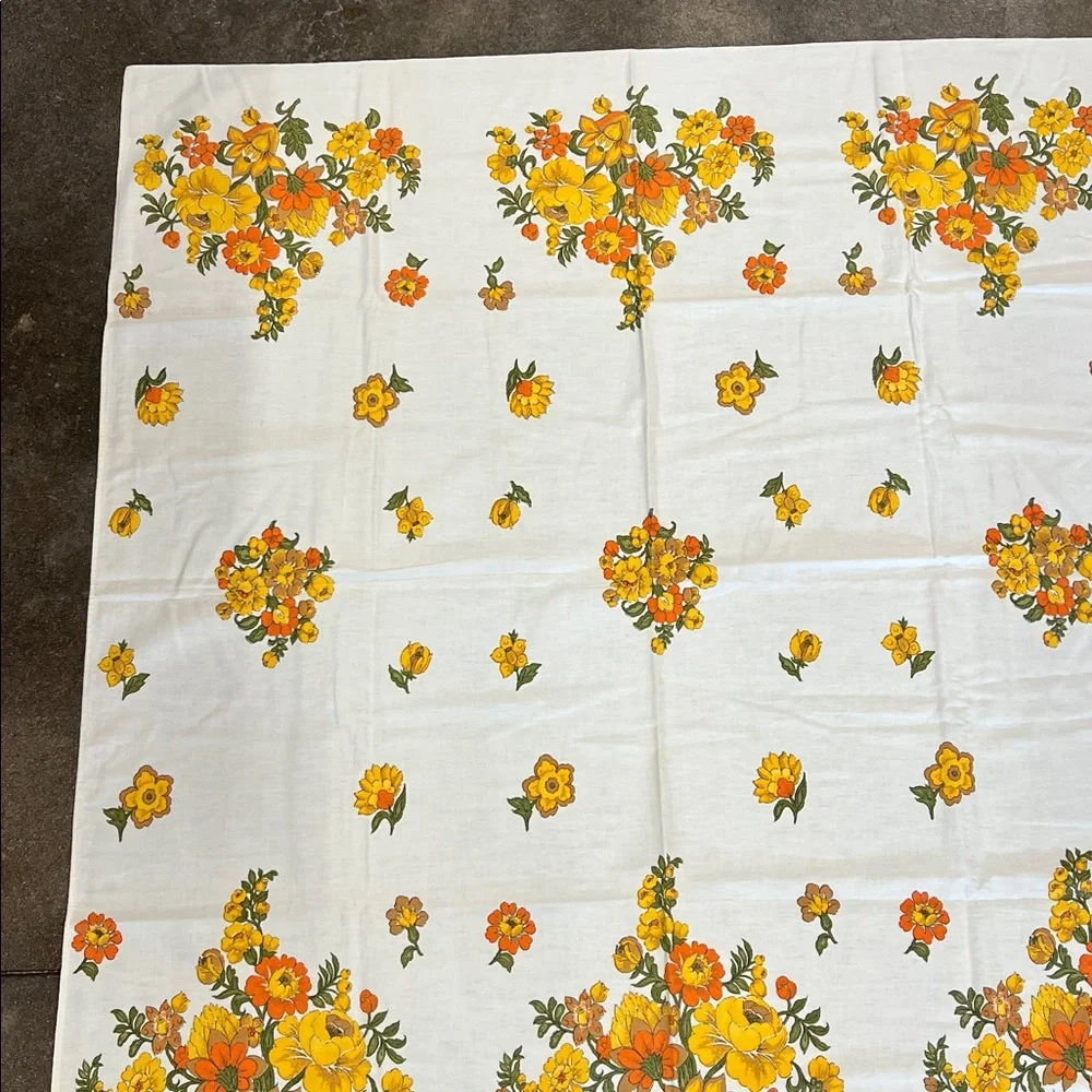 Vintage floral 52”X 48” squareish tablecloth yellow & oranges cotton Handmade